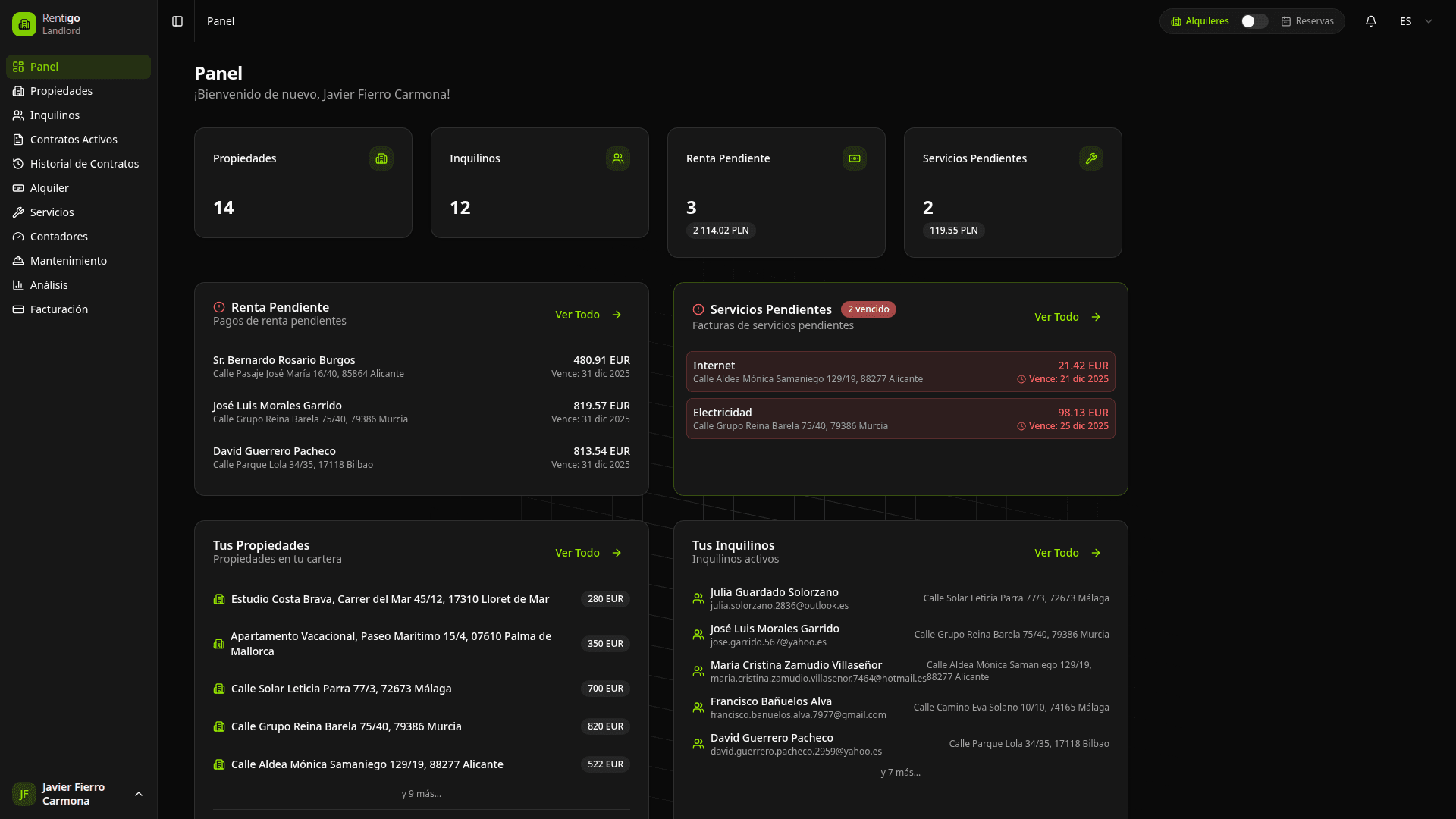 Panel de control de Rentigo