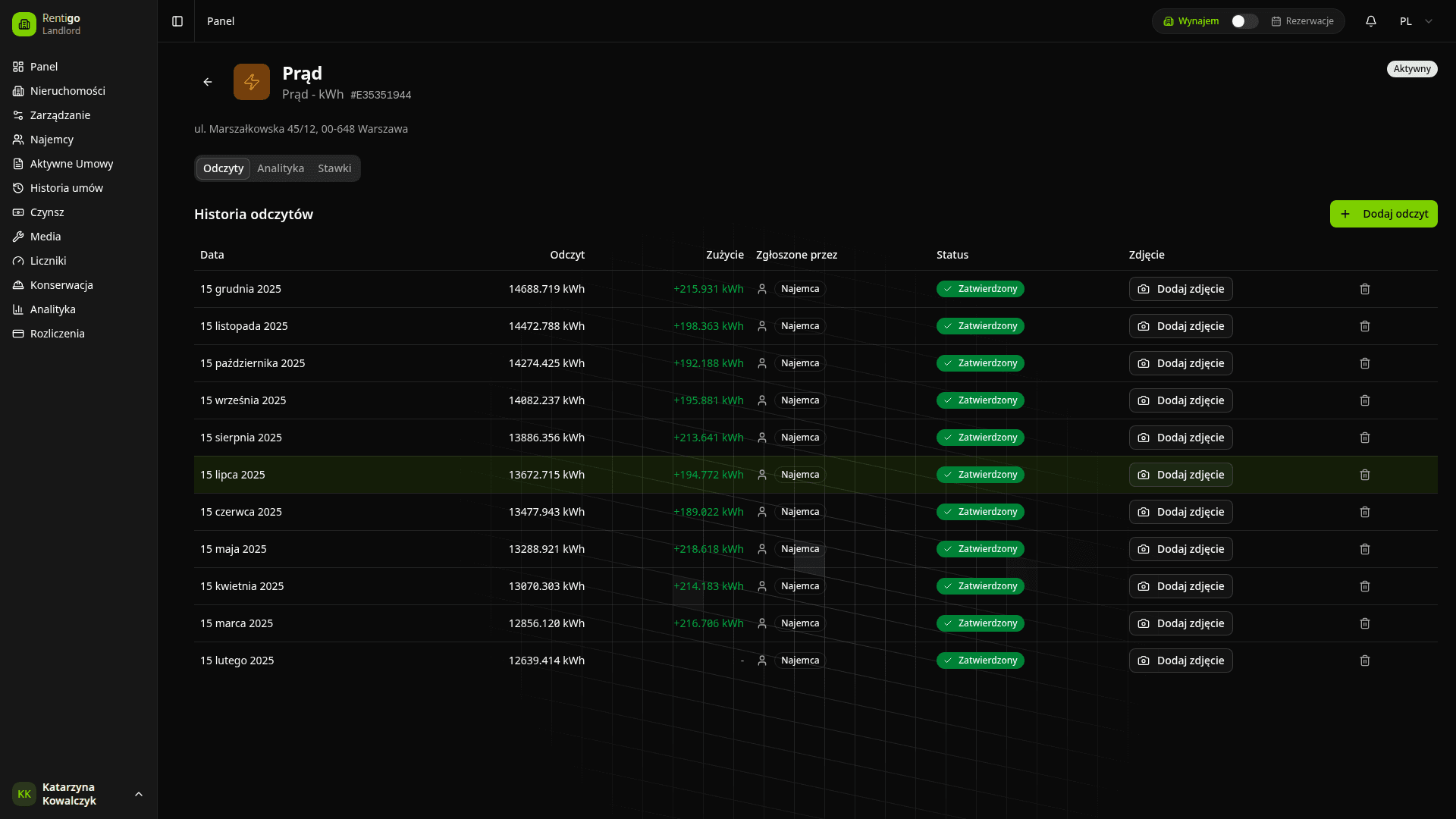 Widok szczegółów licznika