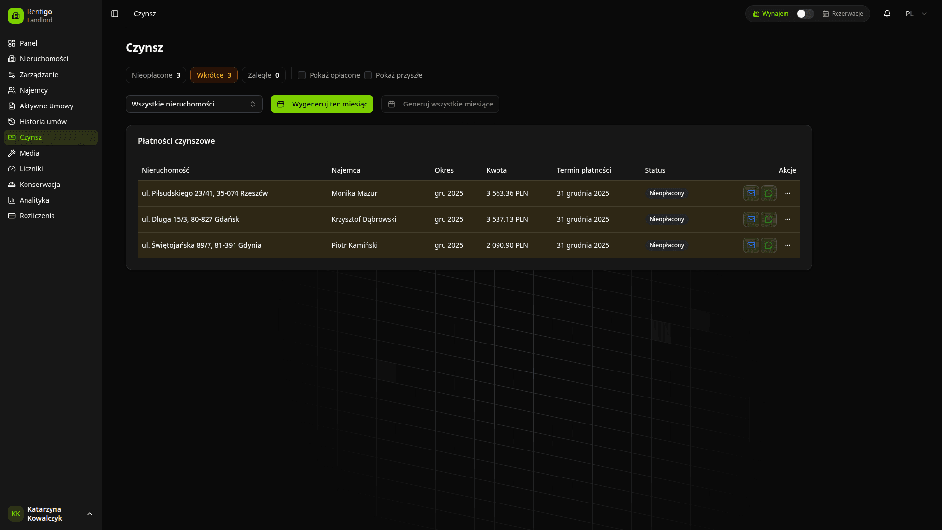 Przegląd czynszu i płatności